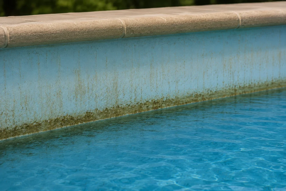 Dégats de la crème solaire sur la ligne d'eau d'une piscine