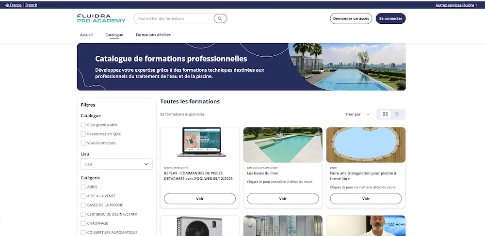 Interface site Fluidra PRO Academy